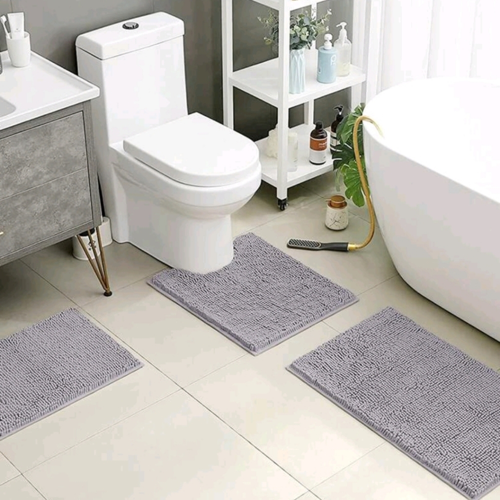 Grey 3 piece bath mat set